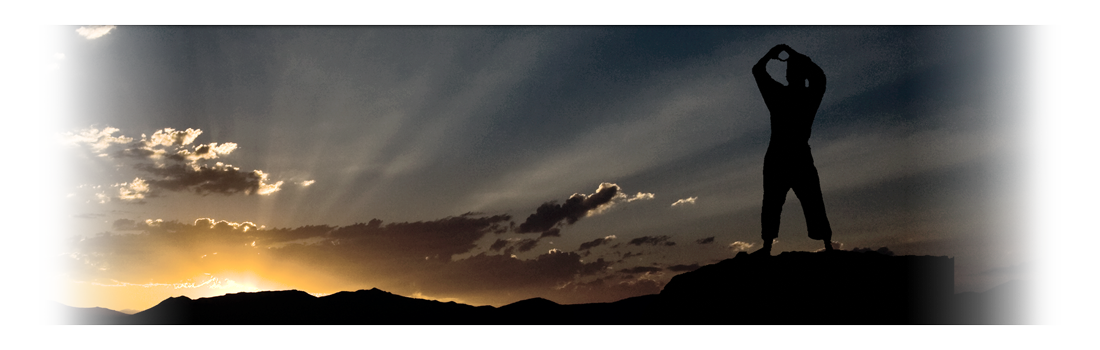 Silhouette of figure performing Kanku Dai kata at sunset